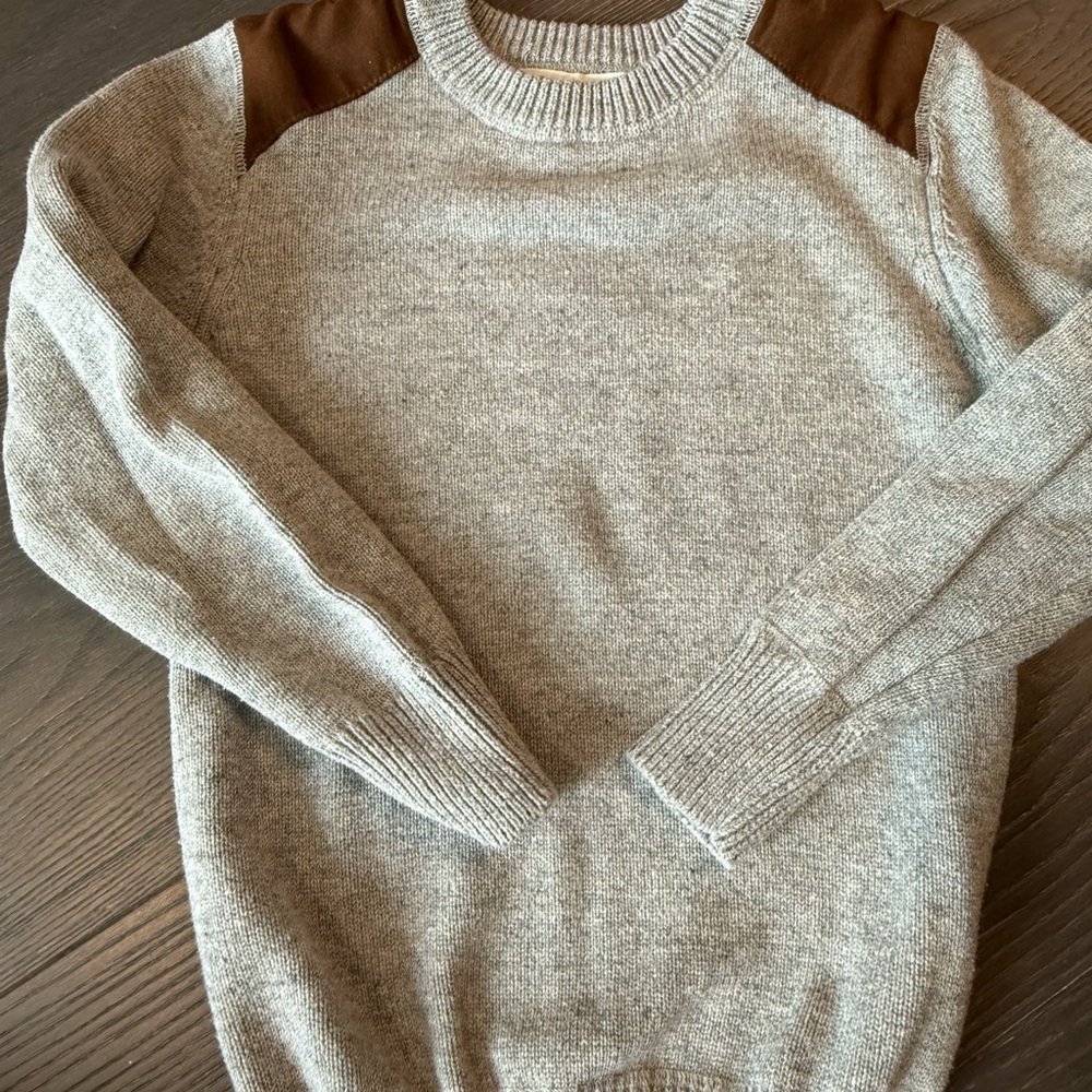 Appaman Gray Crewneck Sweater with Brown Shoulder Accents